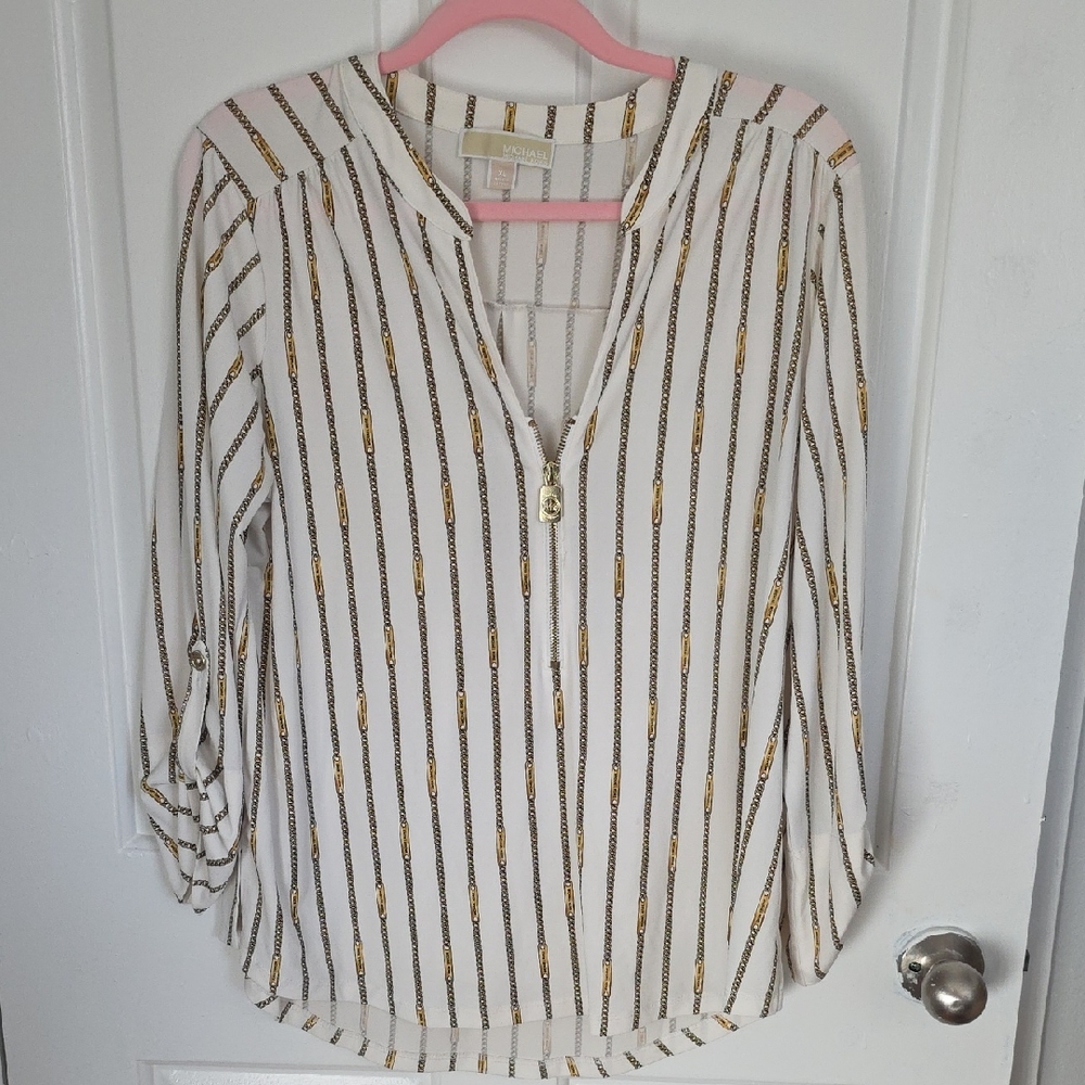 Michael Kors White and Gold Chain Print Blouse